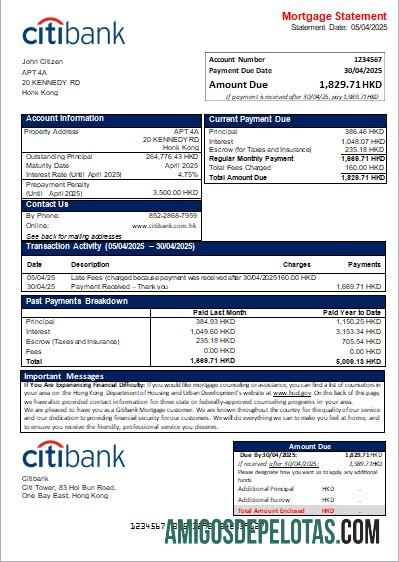 Declaração de hipoteca do banco Citibank de Hong Kong baixar para verificação